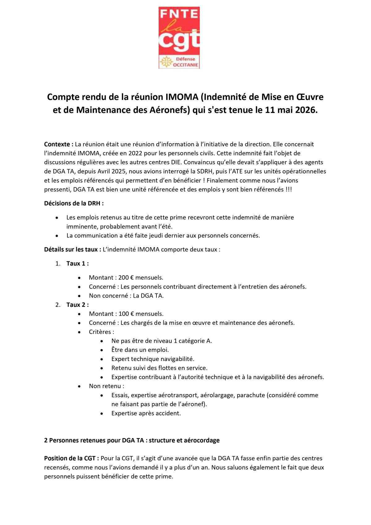 Défense OCCITANIE : Compte rendu de la réunion IMOMA