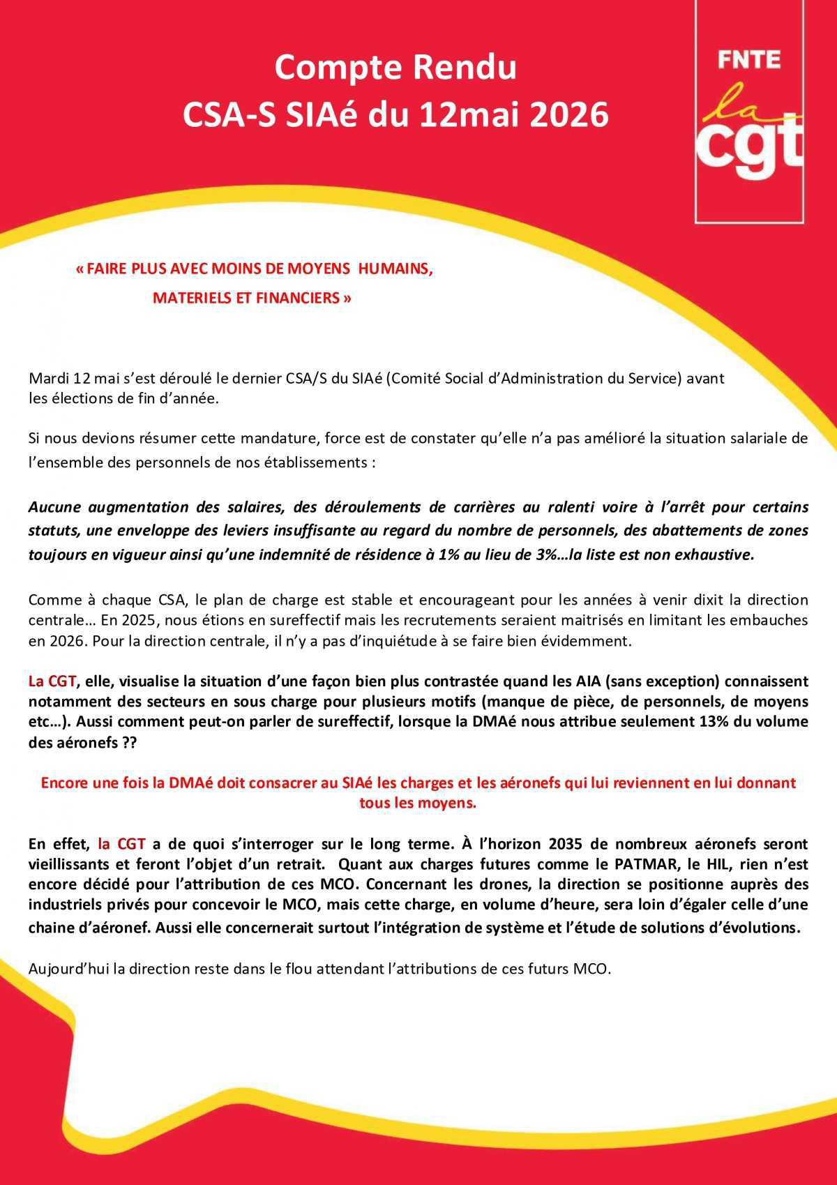 SIAé : CSA-S du 12 mai 2026 Compte Rendu et Déclaration Liminaire