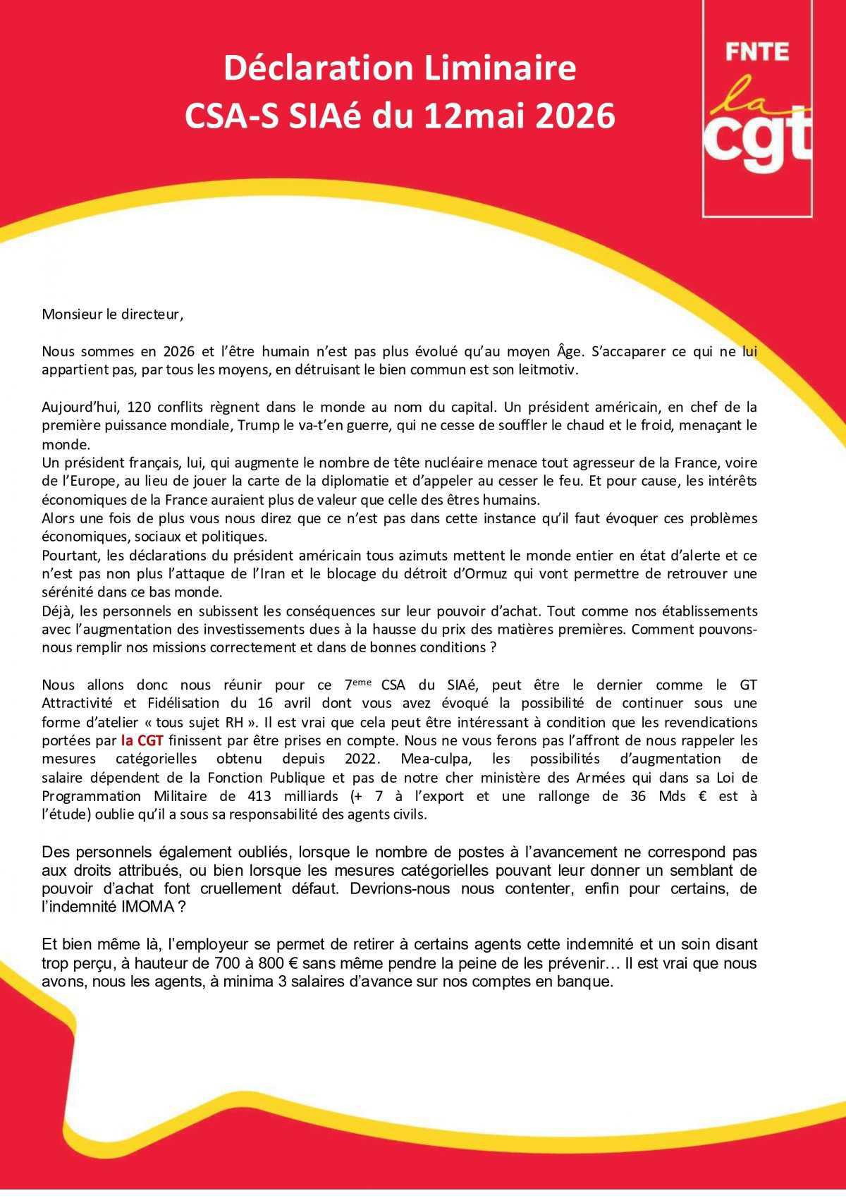 SIAé : CSA-S du 12 mai 2026 Compte Rendu et Déclaration Liminaire