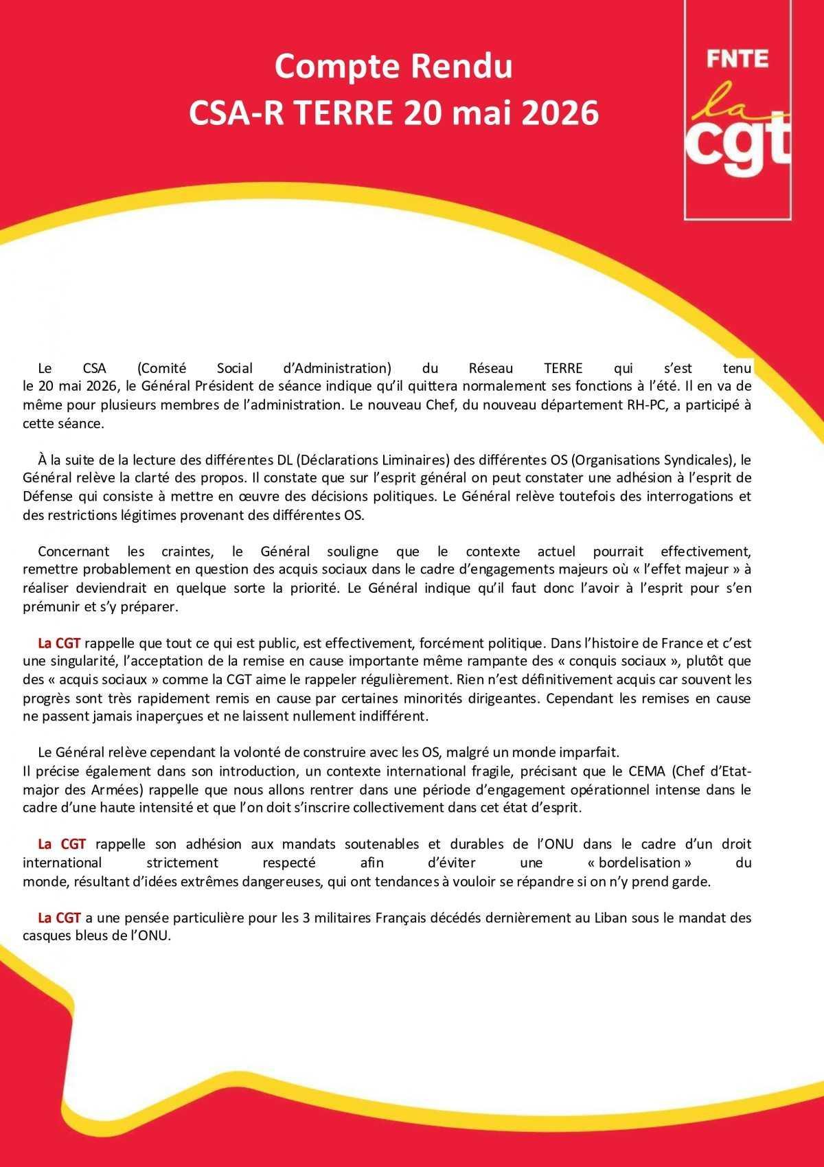 Terre : Compte rendu du CSAR du 20 mai 2026