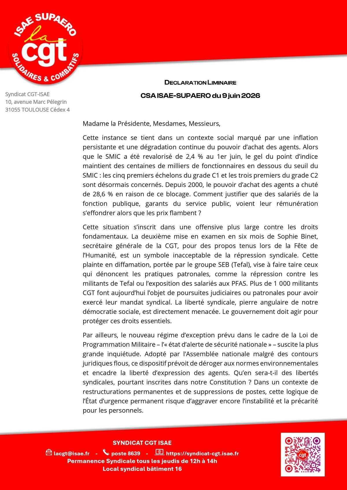 ISAE : Déclaration liminaire au CSA du 09 juin 2026