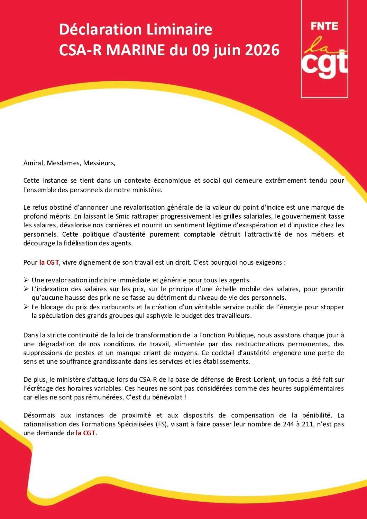 Marine : Déclaration Liminaire du CSA-R du 09 juin 2026