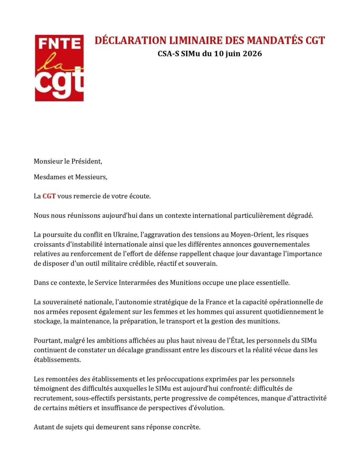 SIMu : Déclaration Liminaire CSA-S du 10/06/2026