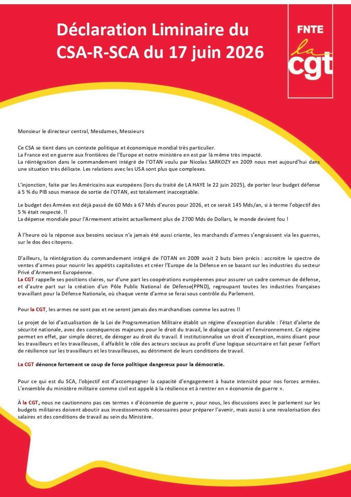 SCA : Déclaration liminaire du CSA R du 17 juin 2026