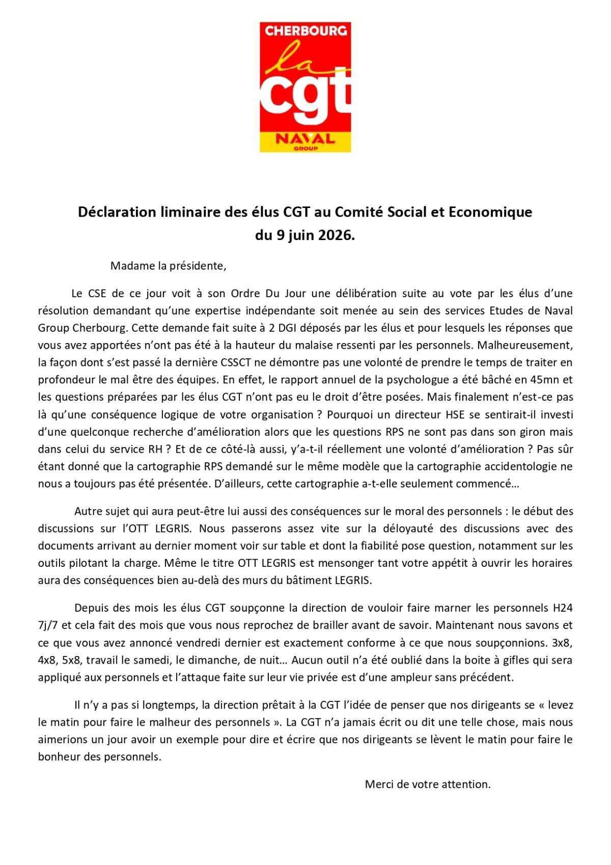 Arsenal de Cherbourg : CSE de Juin, déclaration liminaire et compte rendu