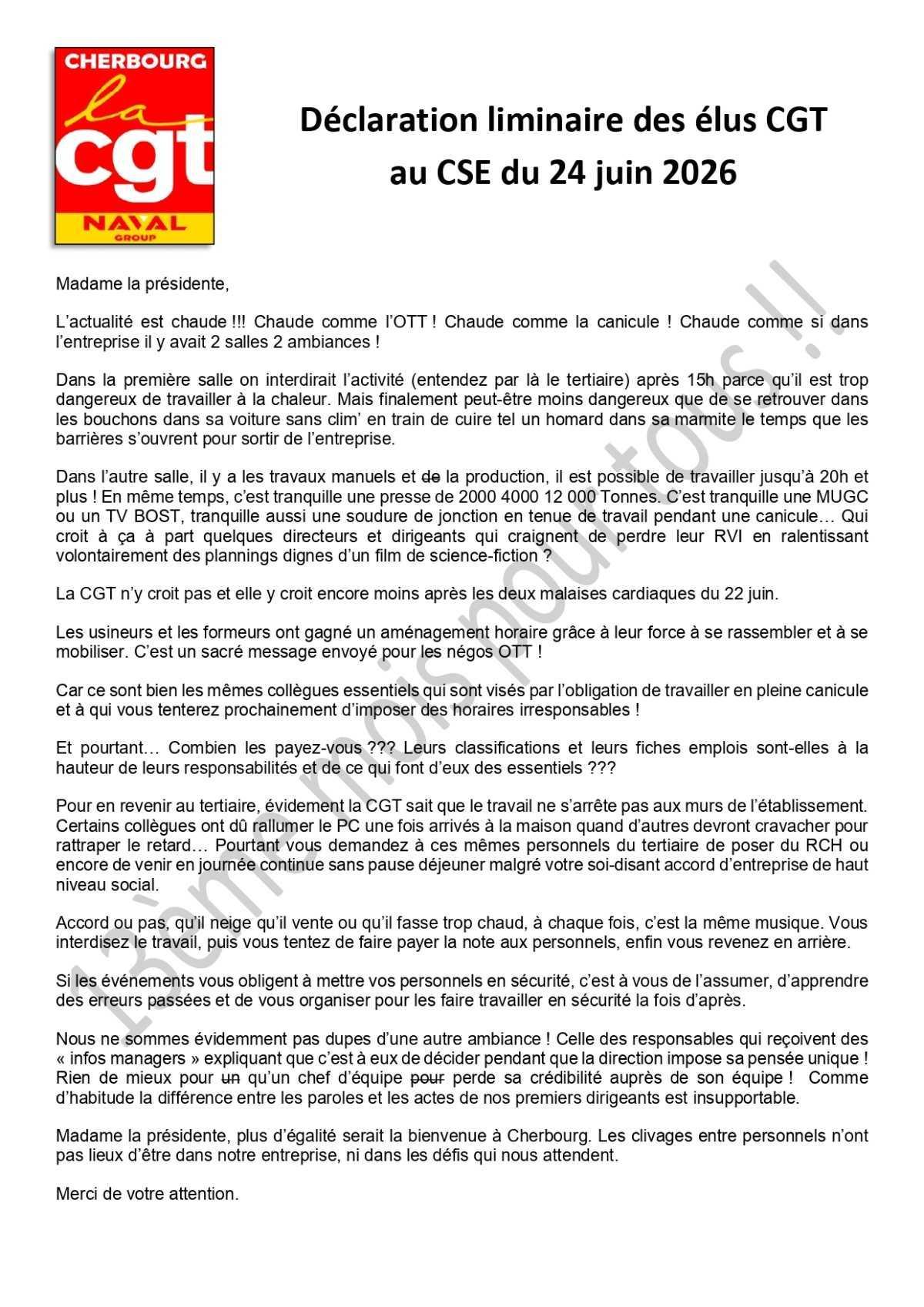 Arsenal de Cherbourg : déclaration liminaire au CSE du 24 Juin 2026