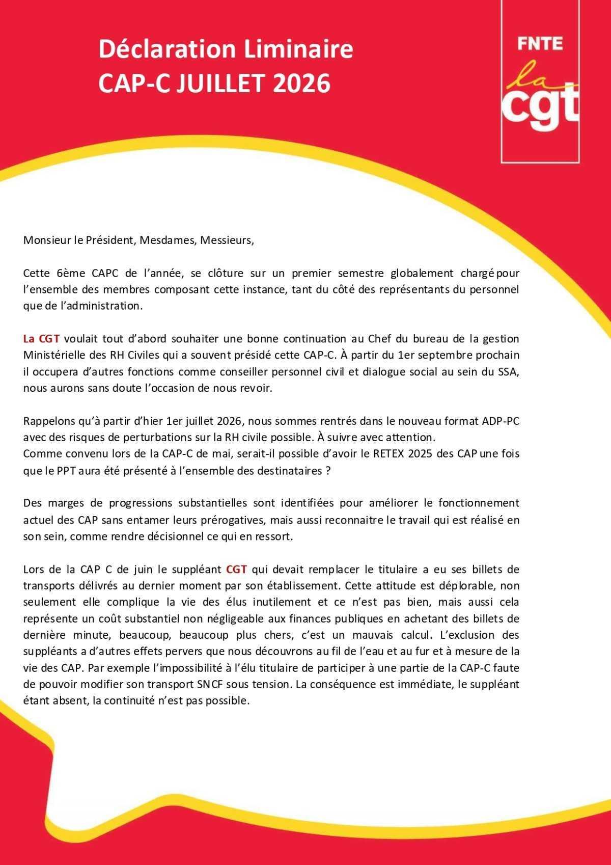 CAP-C : Déclaration liminaire de juillet 2026