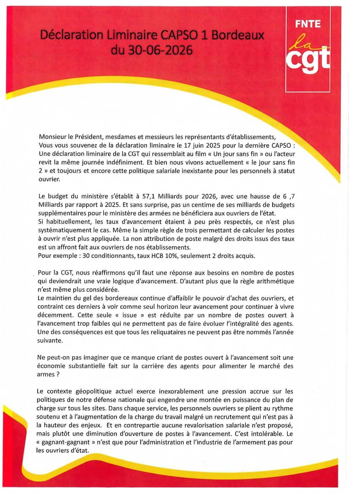 CAPSO Bordeaux 1 : Déclaration liminaire du 30 juin 2026