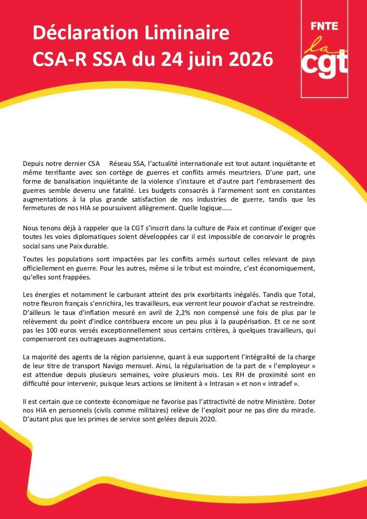 SSA : Déclaration Liminaire et Compte Rendu du CSA-R du 24 juin 2025