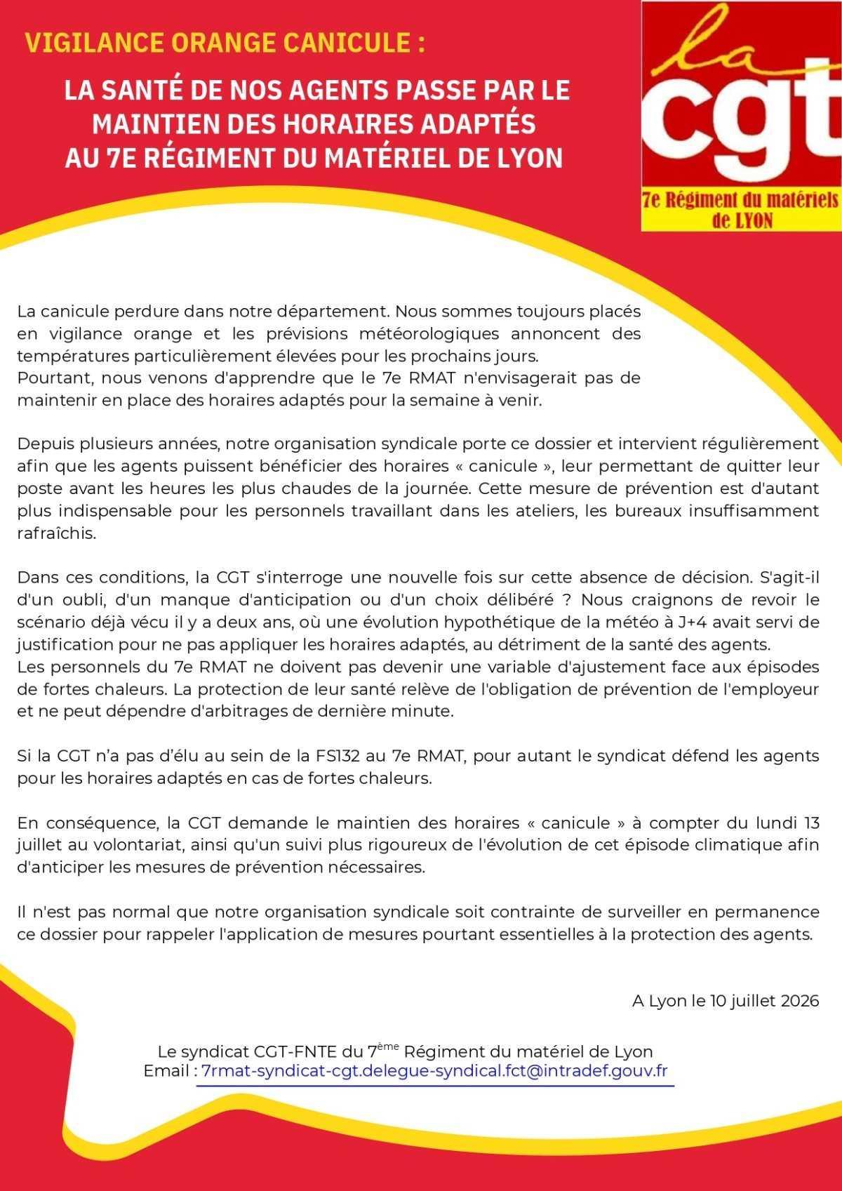 BdD Lyon : 7ème RMAT - VIGILANCE ORANGE CANICULE 