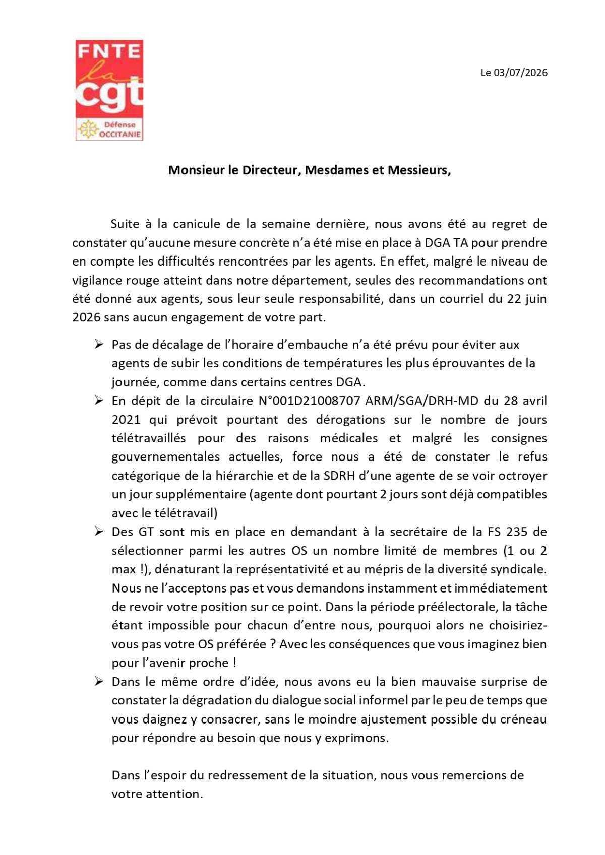 Défense OCCITANIE : Déclaration Liminaire FS 235 du 03 juillet 2026