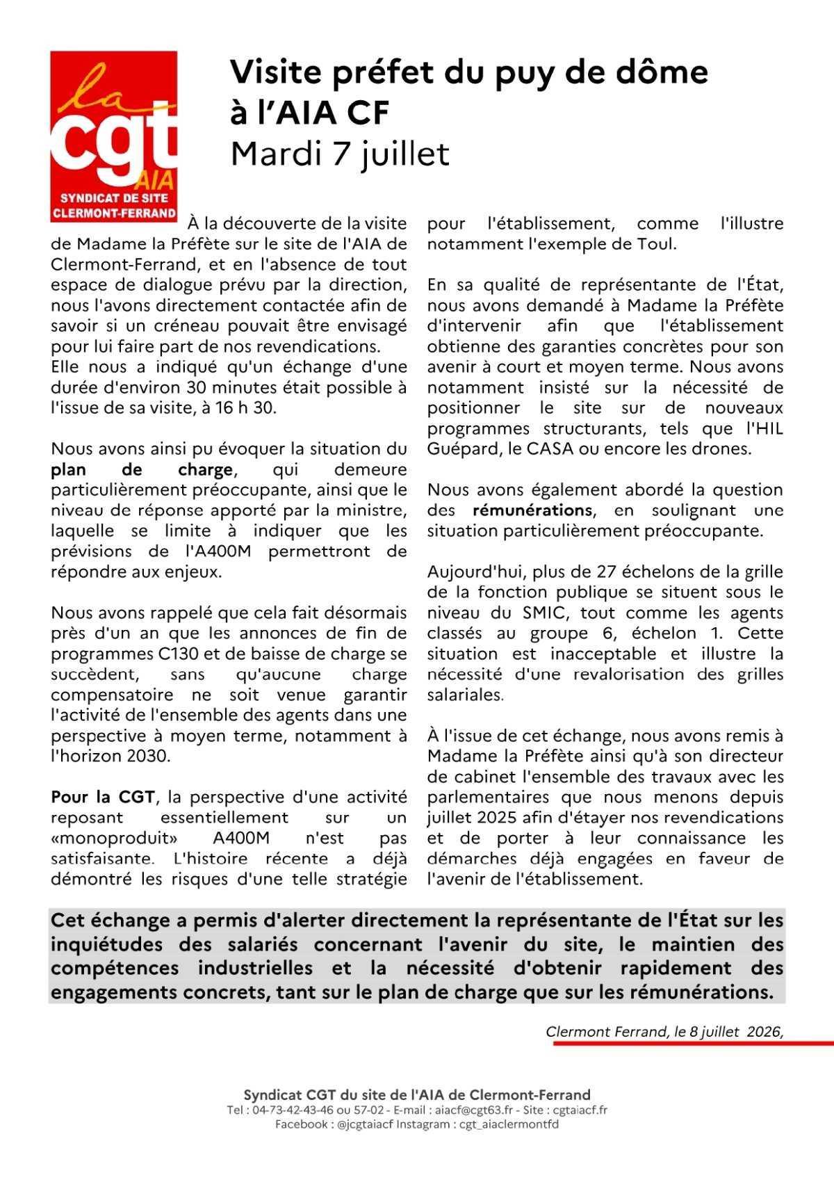 AIA Clermont-Ferrand : Visite préfet du puy de dôme du 07 juillet 2026