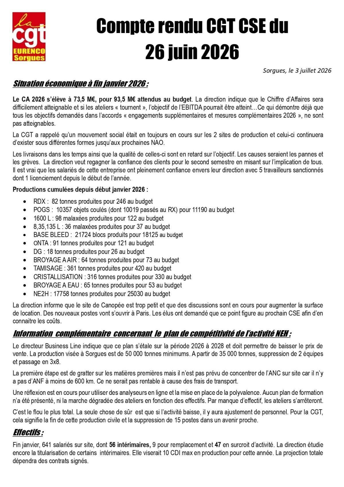 Eurenco : Compte rendu CSE du 26 juin 2026