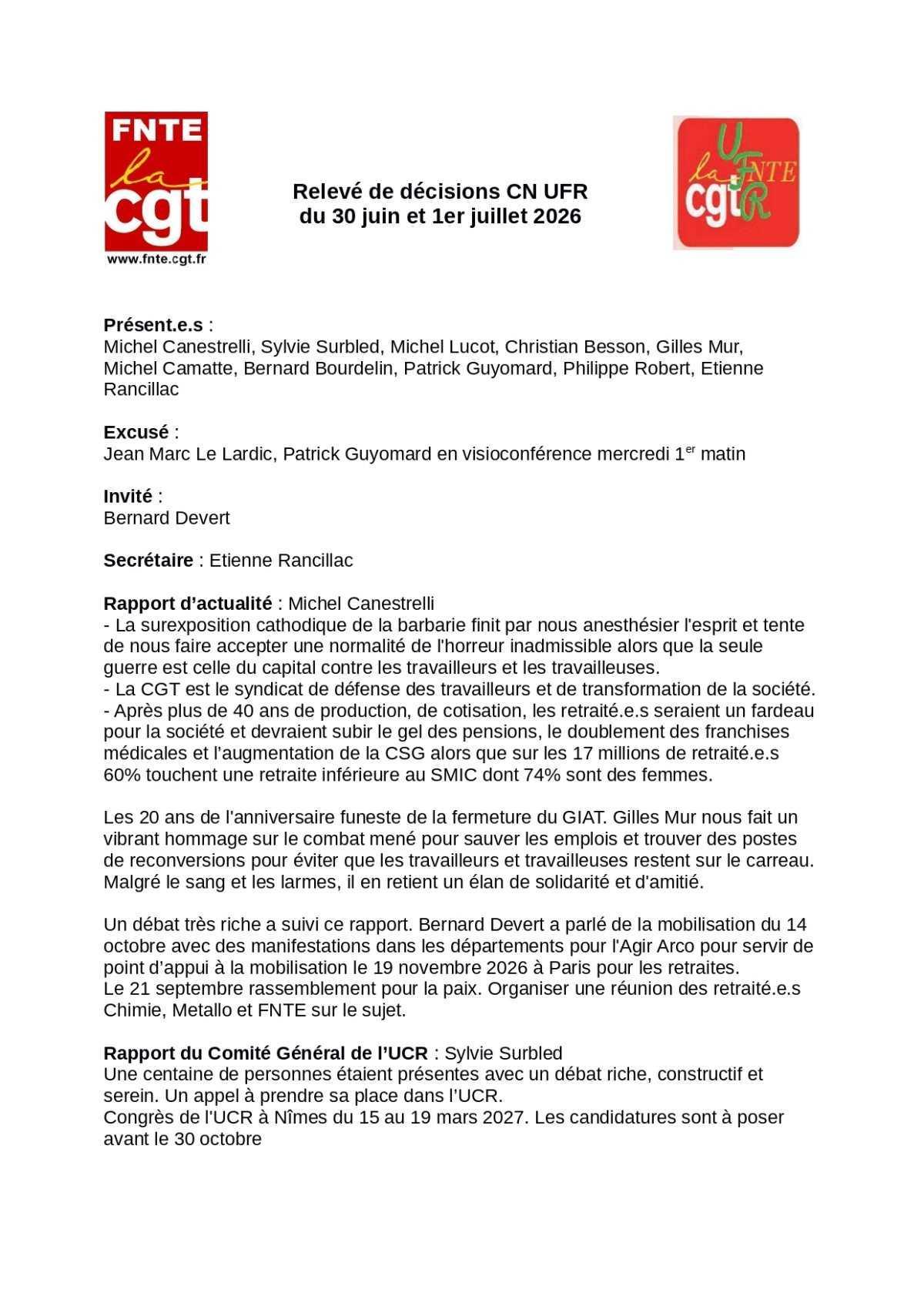 UFR : Relevé de décisions du 30 juin et 01 juillet 2026