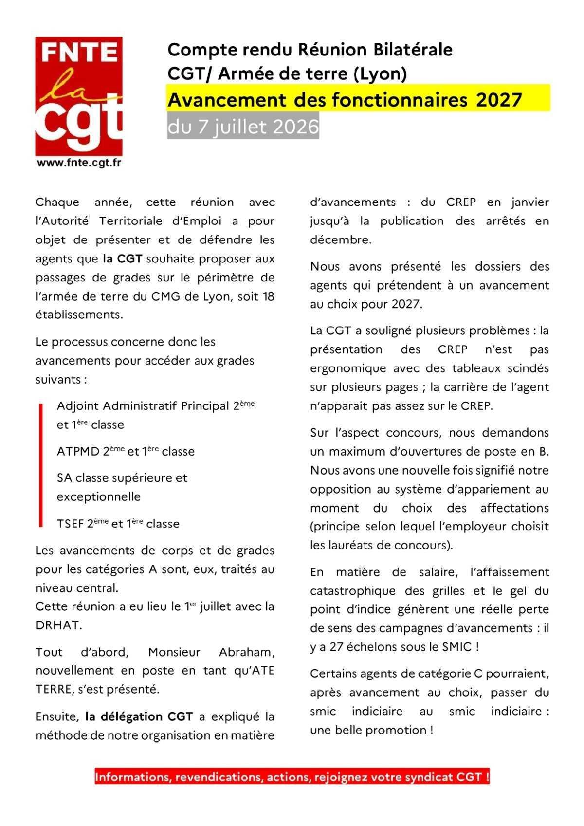 Armée de Terre (Lyon) : Compte rendu Réunion Bilatérale - Avancement des fonctionnaires 2027