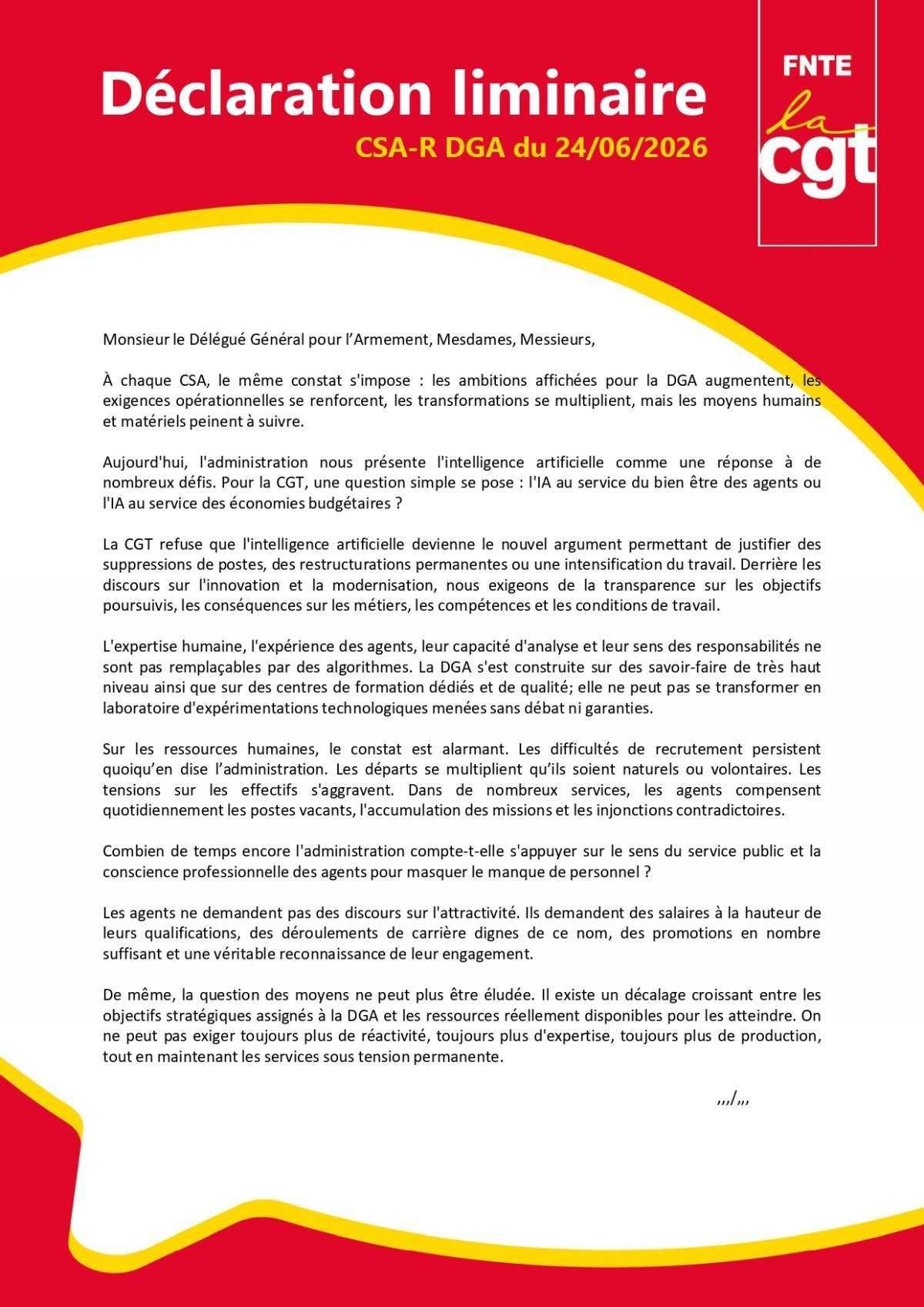 DGA : Déclaration liminaire du 24/06/2026 
