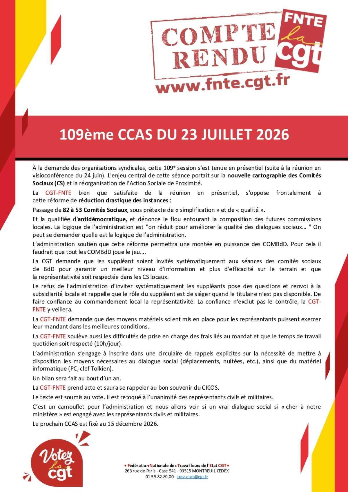 ACTION SOCIALE : 109ème CCAS DU 23 juillet 2026