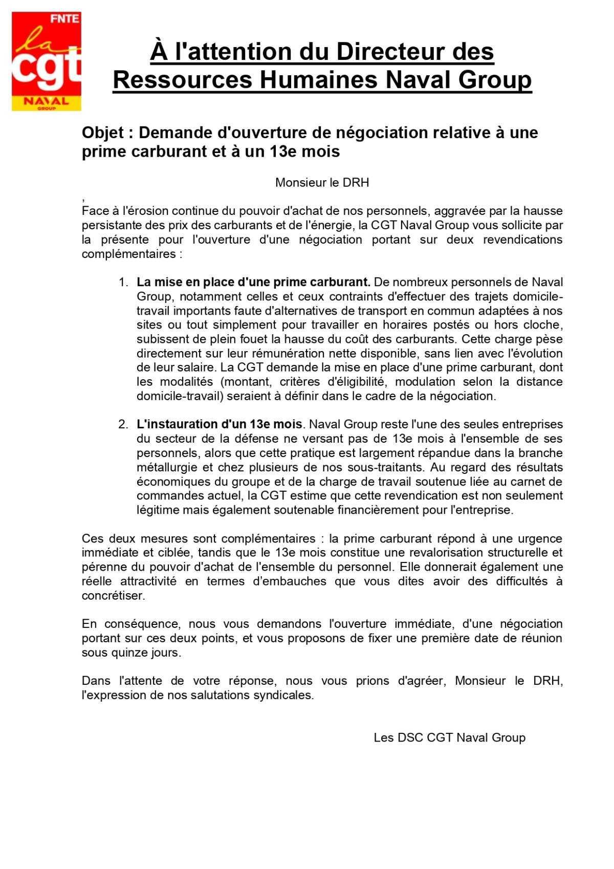 NG : Courrier à l'attention du DRH Naval Group
