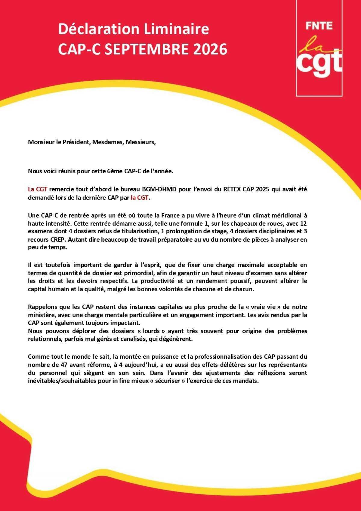CAP-C : Déclaration Liminaire de Septembre 2026