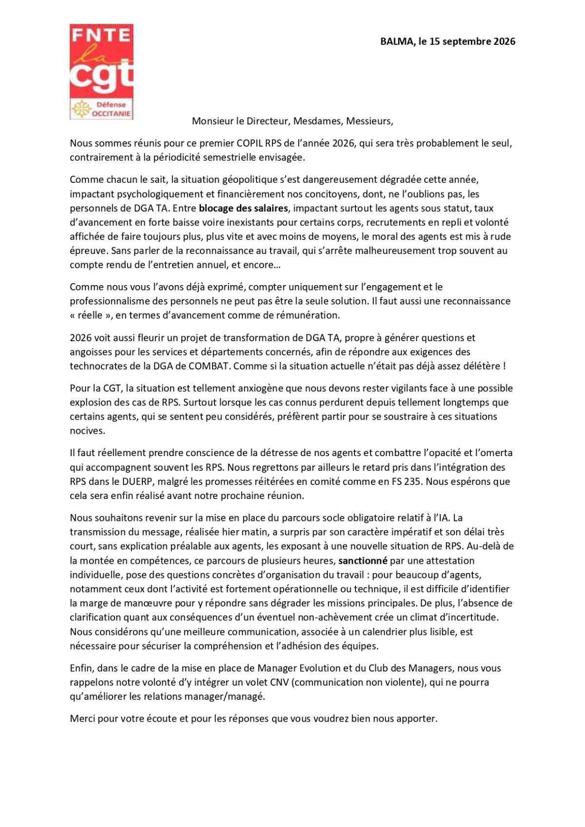 DGA-TA : Déclaration Liminaire COPIL RPS 2026