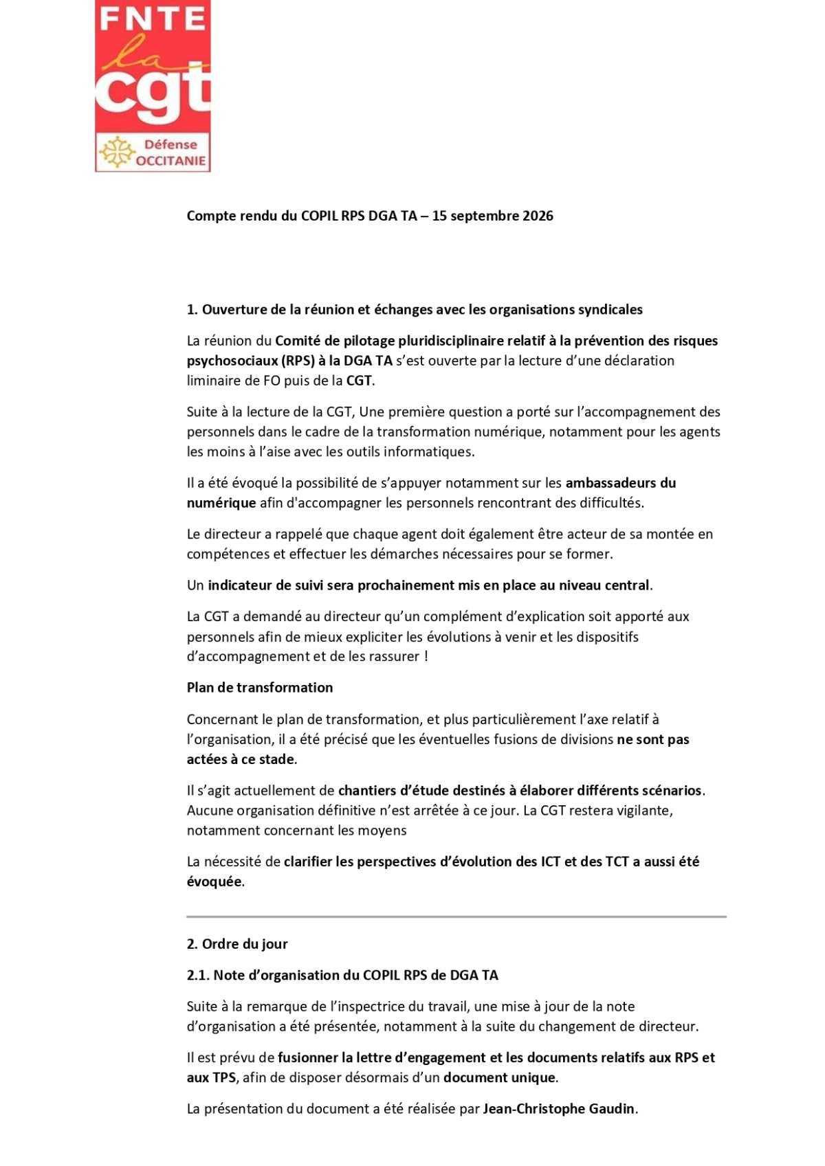 DGA-TA : Compte Rendu COPIL RPS 2026