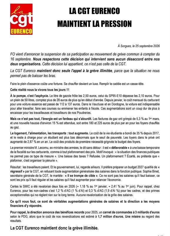 EURENCO : LA CGT MAINTIEN LA PRESSION