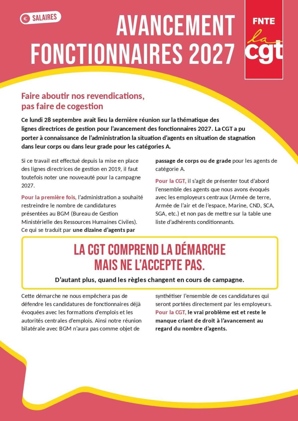 Fonctionnaire : Avancement 2027, la CGT refuse la restriction des candidatures