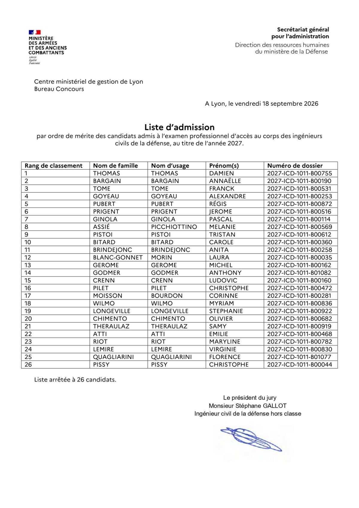 Fonctionnaire : liste des admis a l'examen pro d'ICD pour 2027