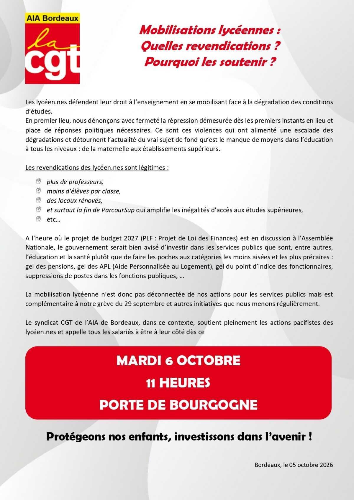 AIA BORDEAUX : Mobilisations lycéennes : Quelles revendications ? Pourquoi les soutenir ?