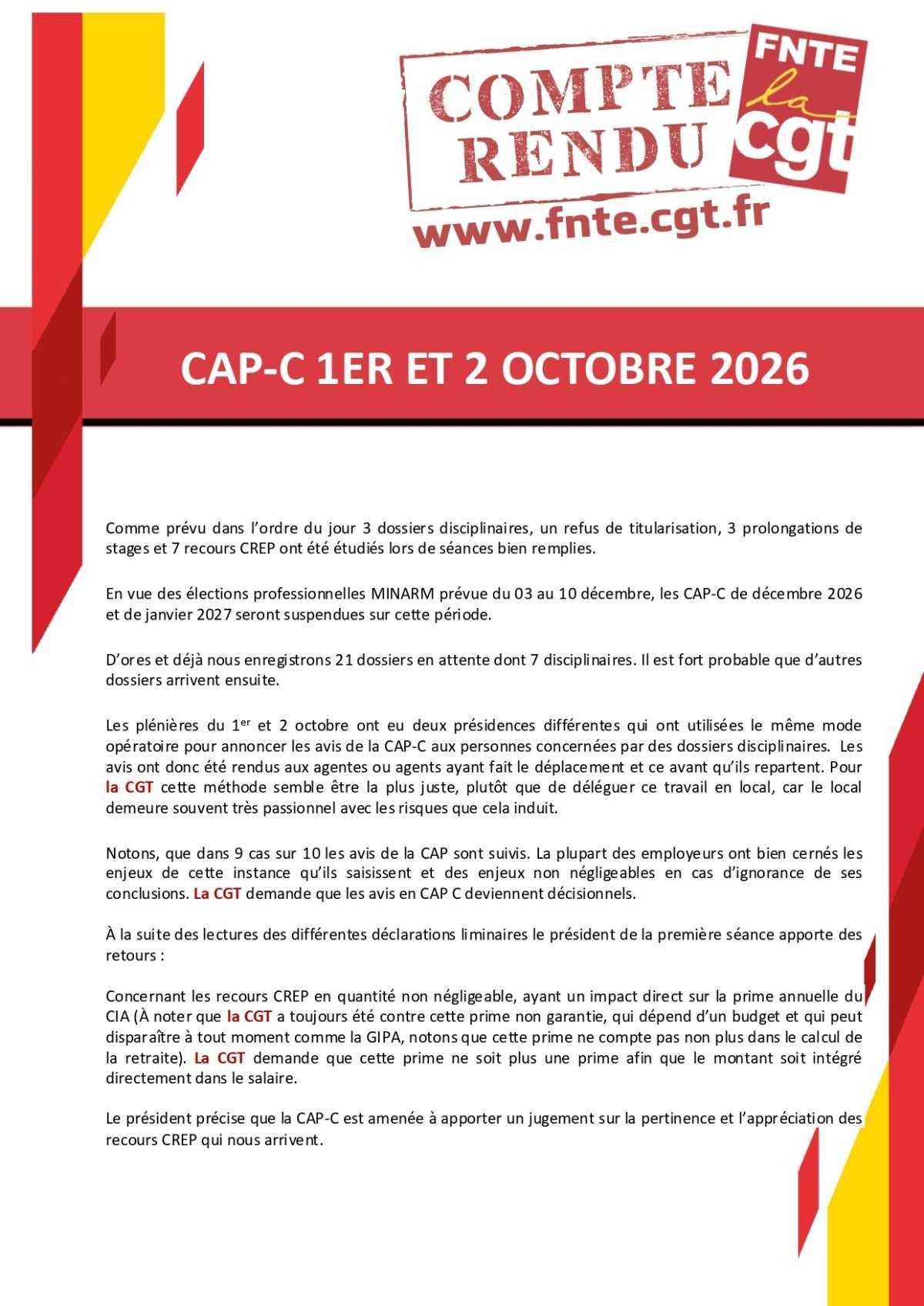 CAP C : Déclaration Liminaire et Compte-Rendu du mois d'octobre 2026