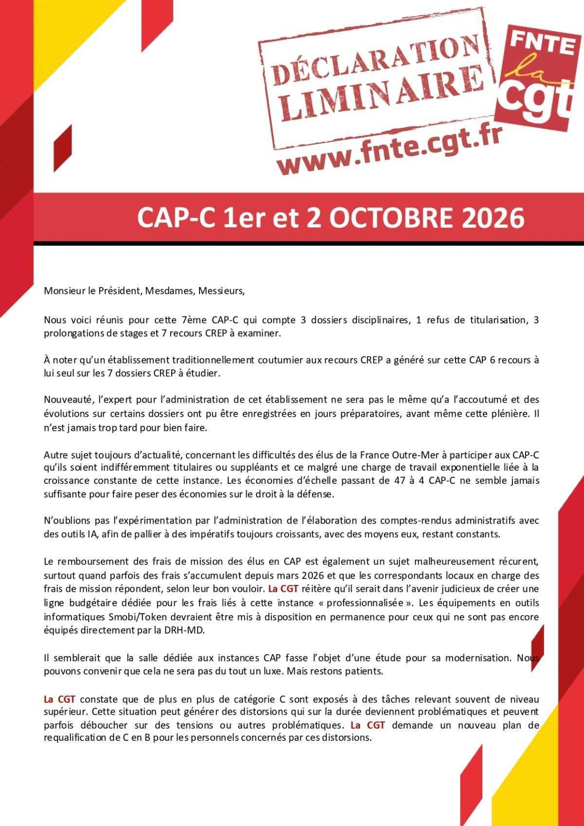 CAP C : Déclaration Liminaire et Compte-Rendu du mois d'octobre 2026