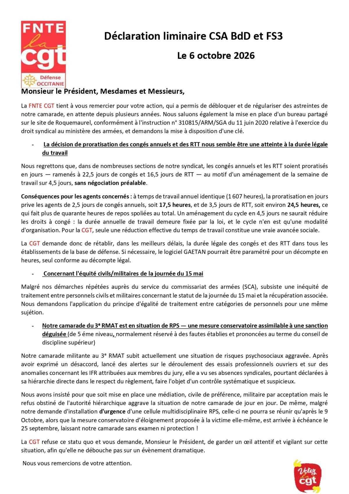 DEFENSE OCCITANIE : CSA BdD Toulouse du 06/10/2026, déclaration liminaire