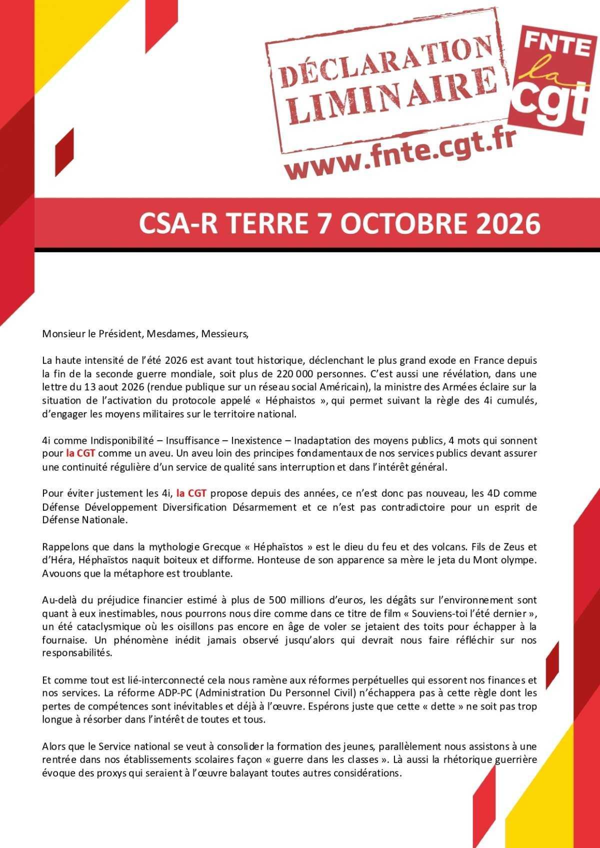 Terre : Déclaration liminaire du CSA-R du 07/10/2026