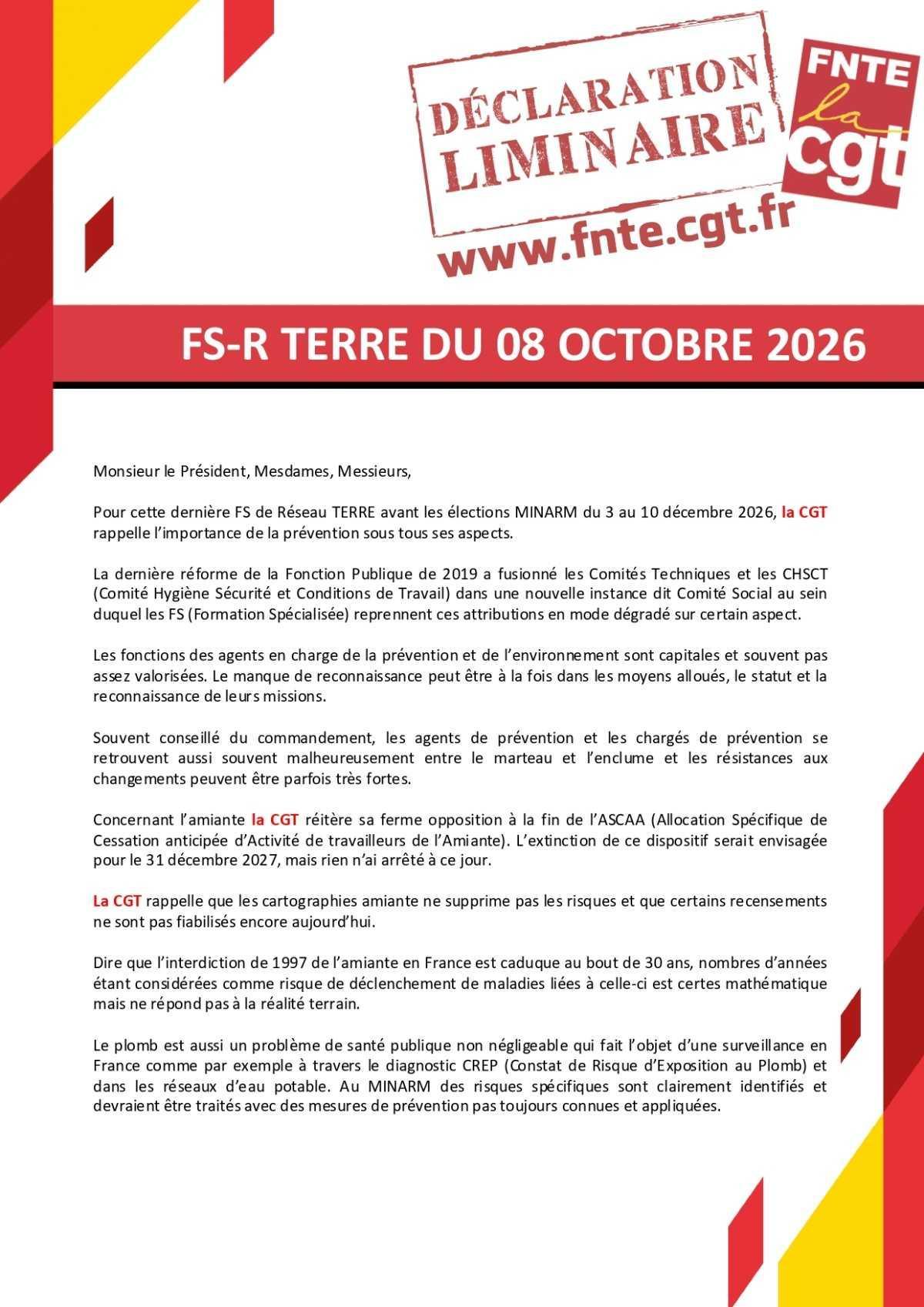 Terre : Déclaration liminaire du FS-R du 08/10/2026