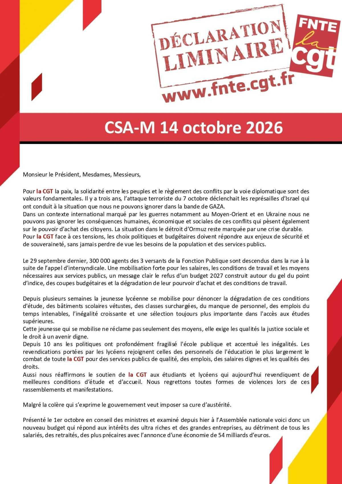 CSAM : Déclaration liminaire du 14/10/2026