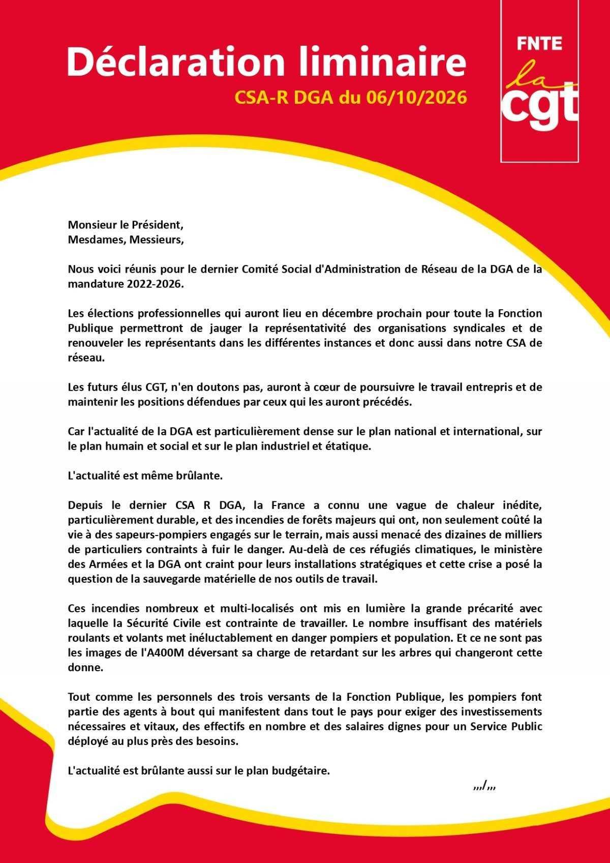 DGA : CSA-R du 06/10/2026, Déclaration liminaire