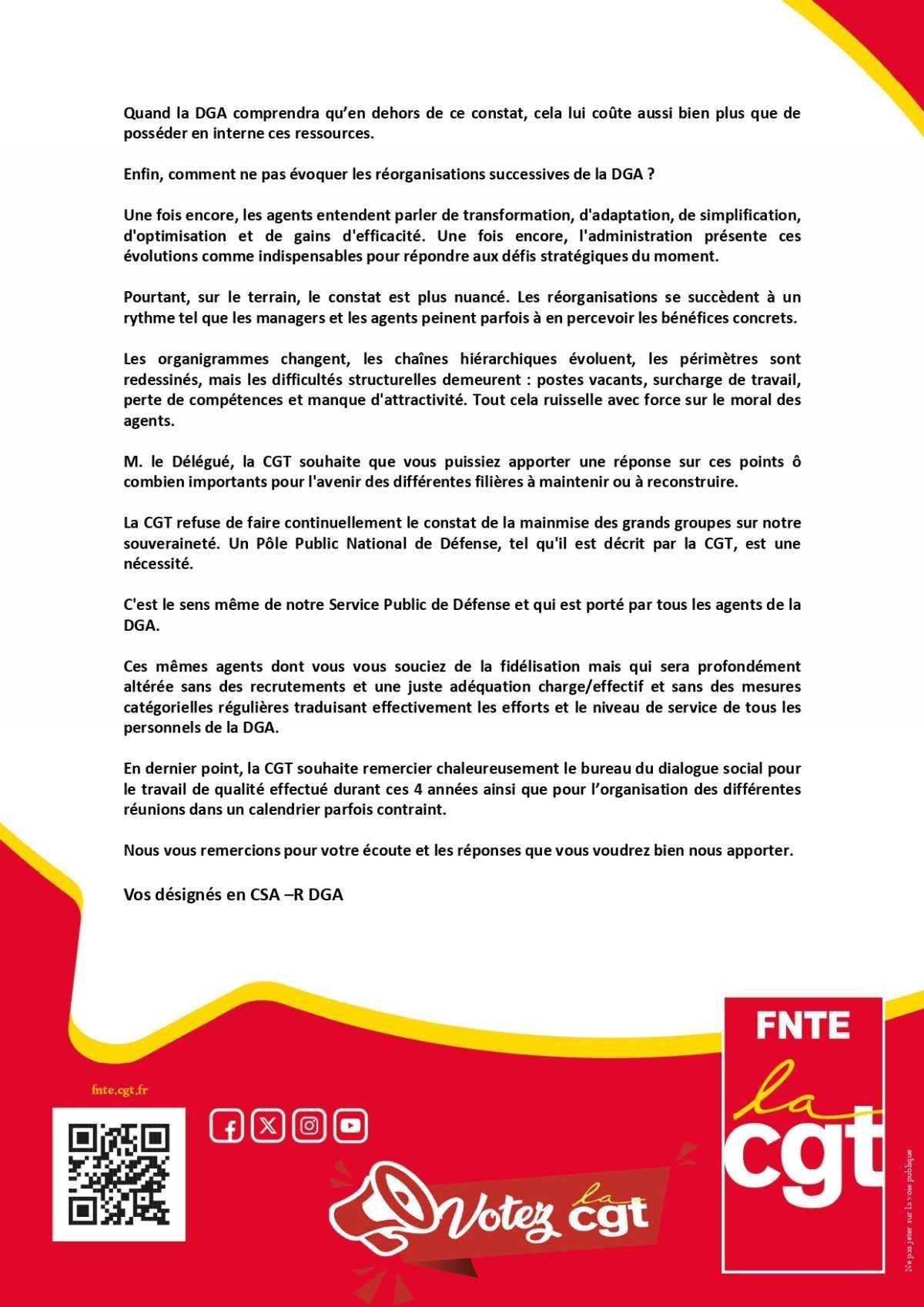 DGA : CSA-R du 06/10/2026, Déclaration liminaire
