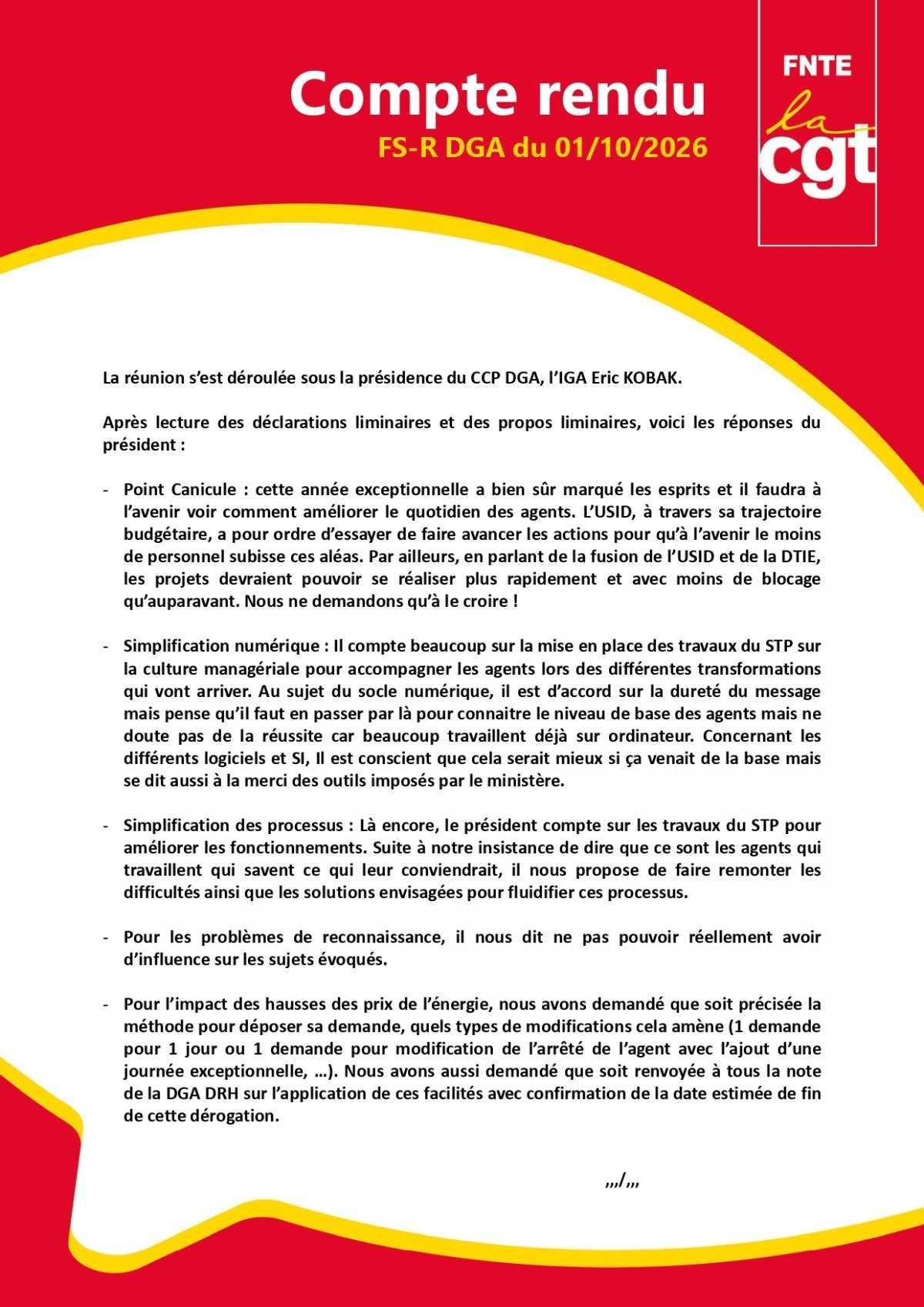DGA : FSR du 01/10/2026, compte-rendu