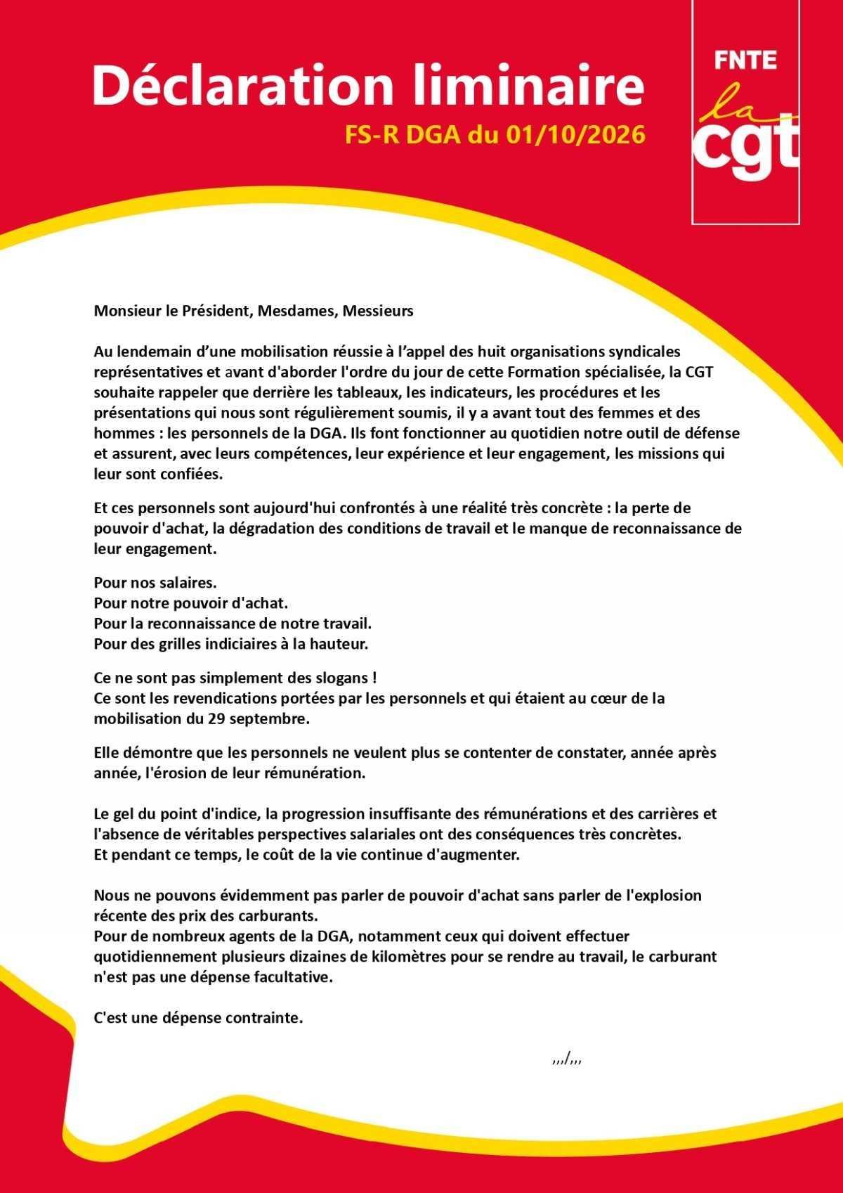 DGA : FSR du 01/10/2026, déclaration liminaire