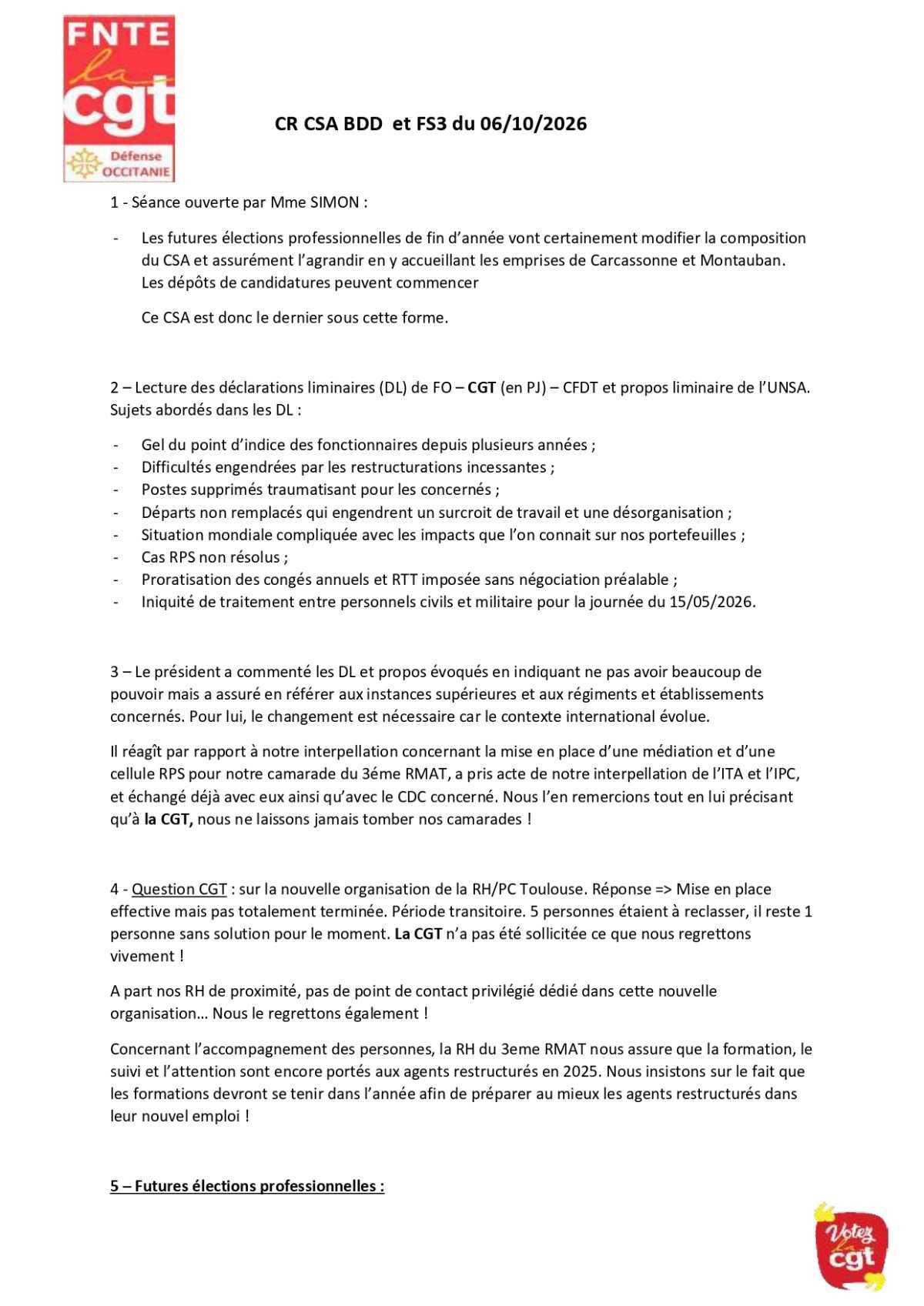 DEFENSE OCCITANIE : CSA BdD Toulouse du 06/10/2026, déclaration liminaire