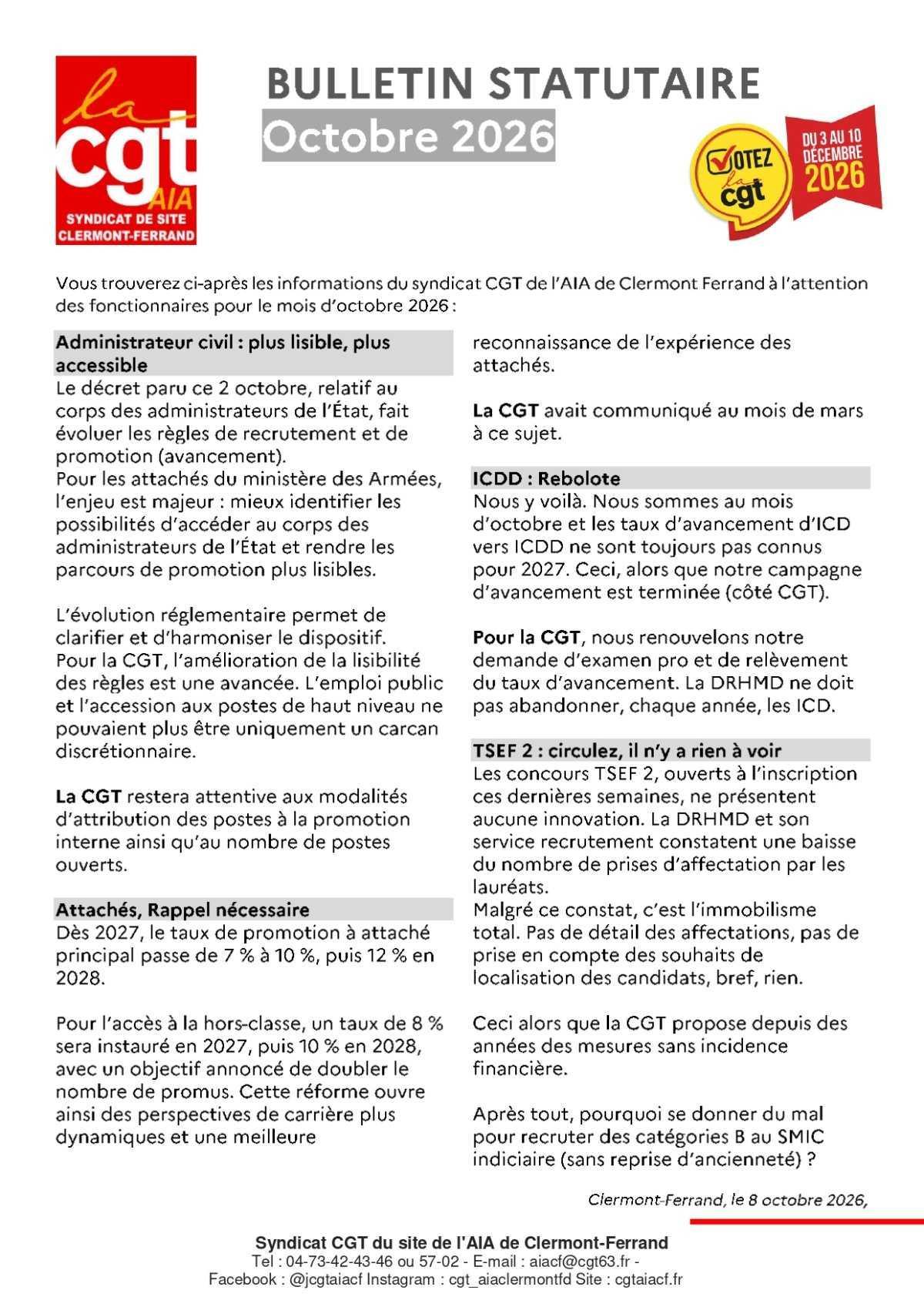AIA Clermont-Ferrand : Bulletin statutaire Octobre 2026.