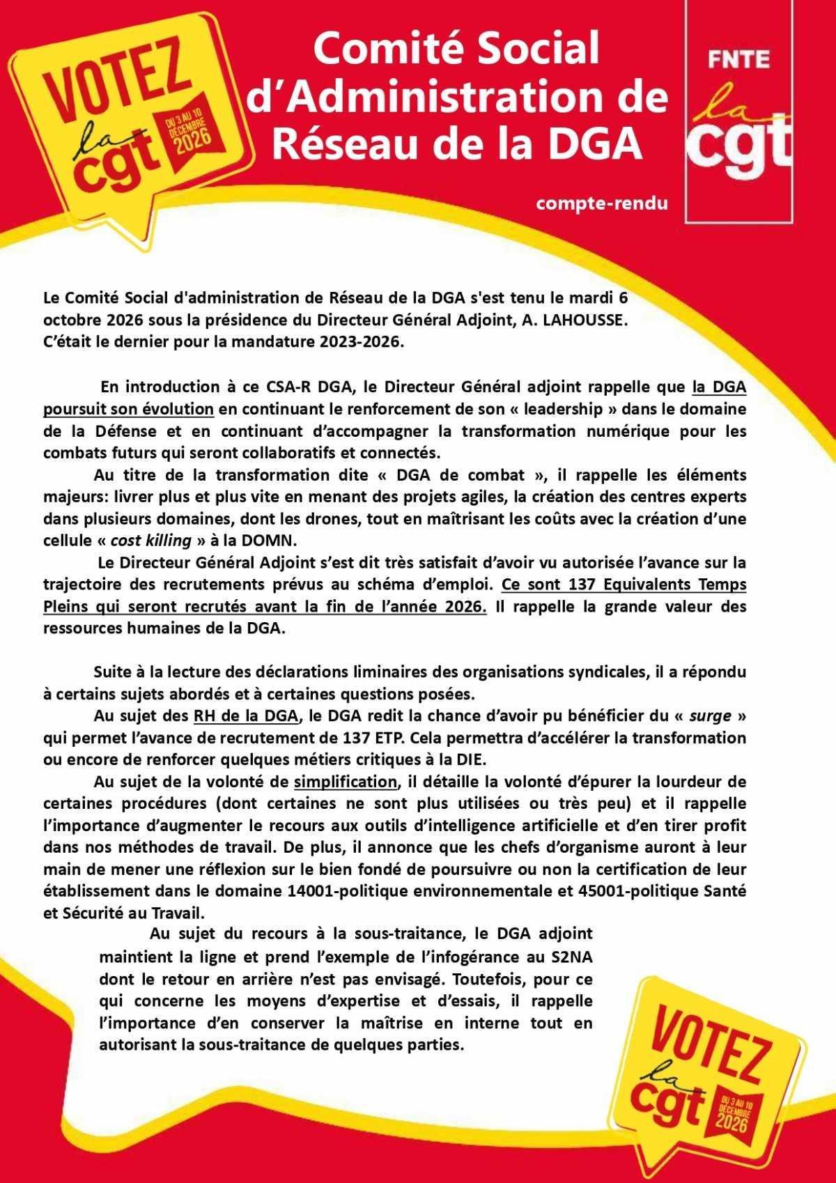 DGA : CSA-R du 06/10/2026, compte-rendu