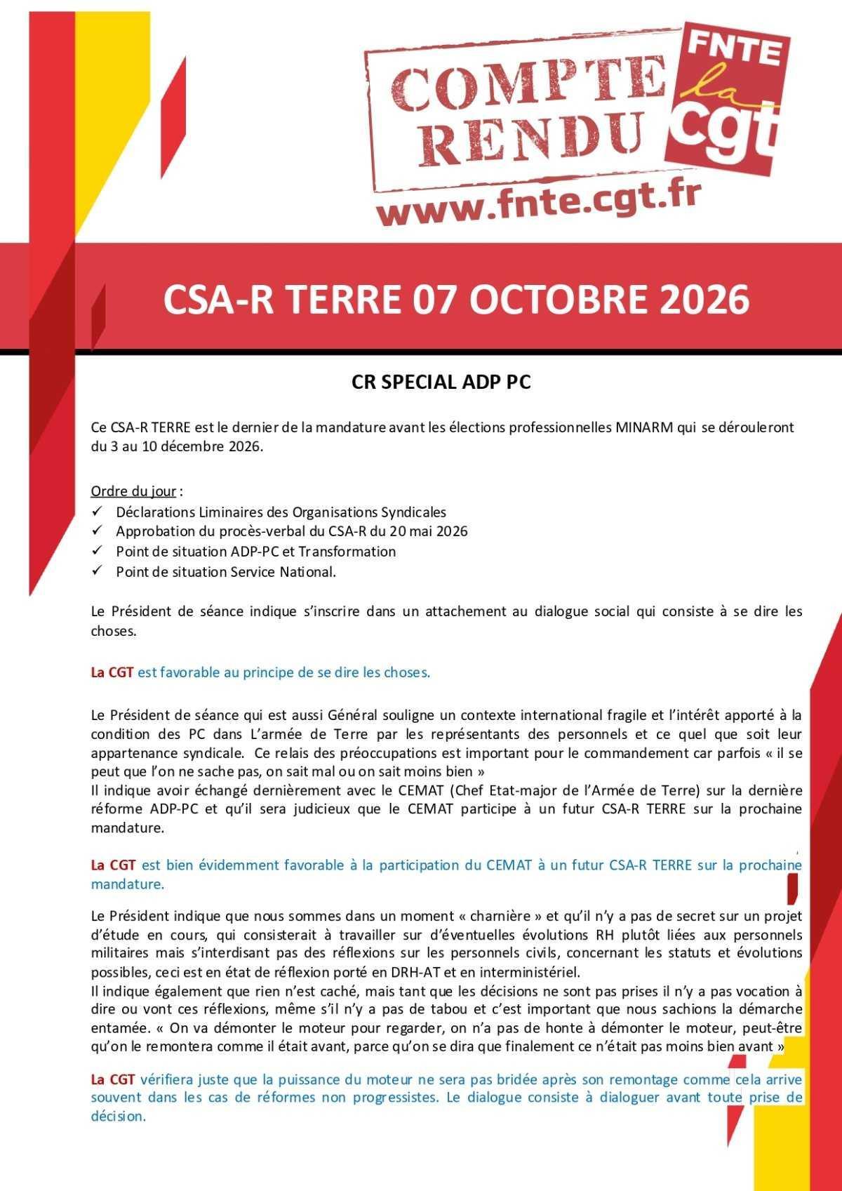 Terre : Compte rendu du CSA-R du 07/10/2026