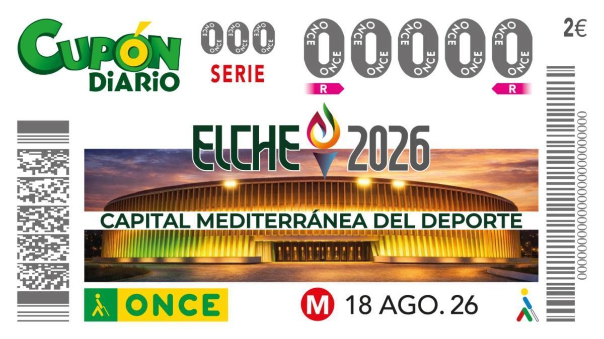 El cupón de la ONCE del 18 de agosto lleva la imagen de Elche, Capital Mediterránea del Deporte, a cinco millones de billetes en toda España