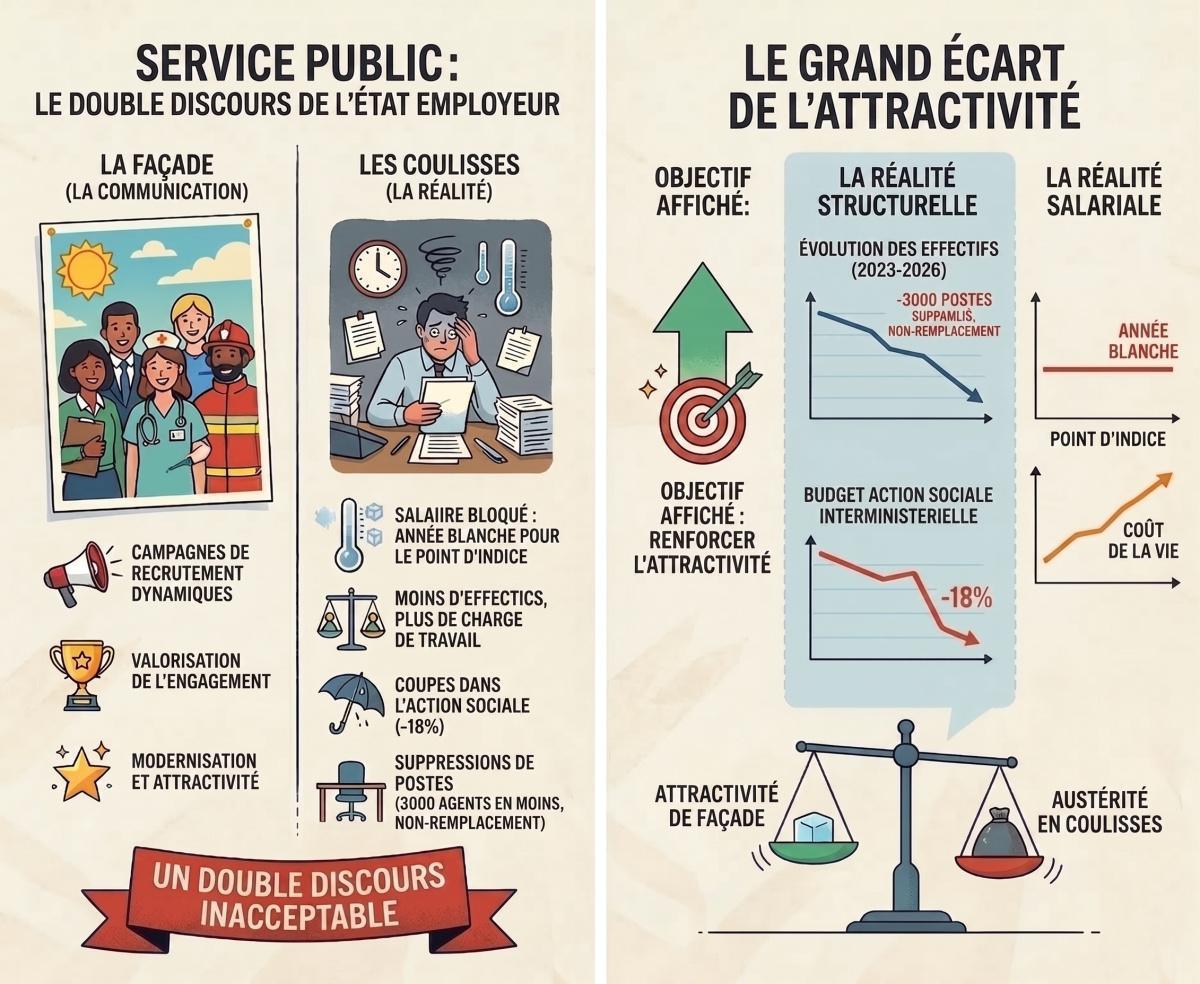 Attractivité de façade et austérité en coulisses : l'État et les collectivités territoriales sacrifient les conditions de travail de ses agents Attractivité de façade et austérité en coulisses : l'État et les collectivités territoriales sacrifient les conditions de travail de ses agents