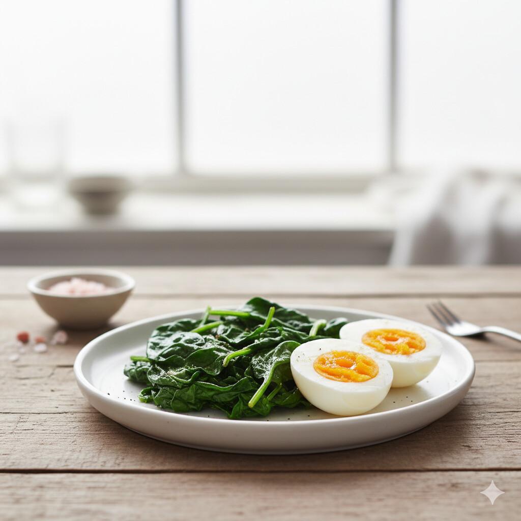 Huevo cocido con espinaca salteada