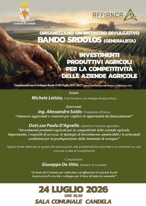 Incontro divulgativo dedicato al Bando SRD01.05 - Investimenti produttivi agricoli per la competitività delle aziende agricole (inizio ore 18:30)