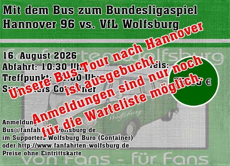 AUSGEBUCHT! Busangebot Hannover 96 (Supporters) AUSGEBUCHT! Busangebot Hannover 96 (Supporters)