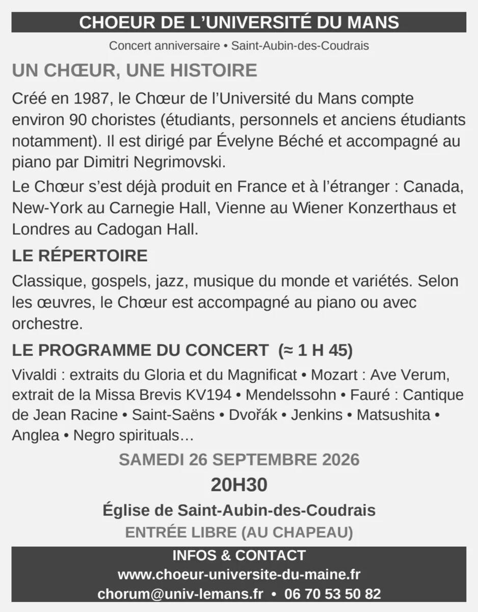 Concert anniversaire – Choeur de l'Université du Mans
