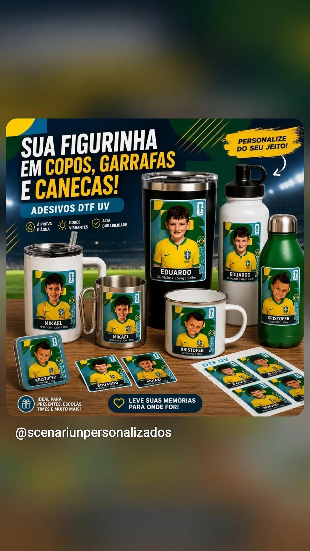 Sua figurinha em copos, garrafas e canecas